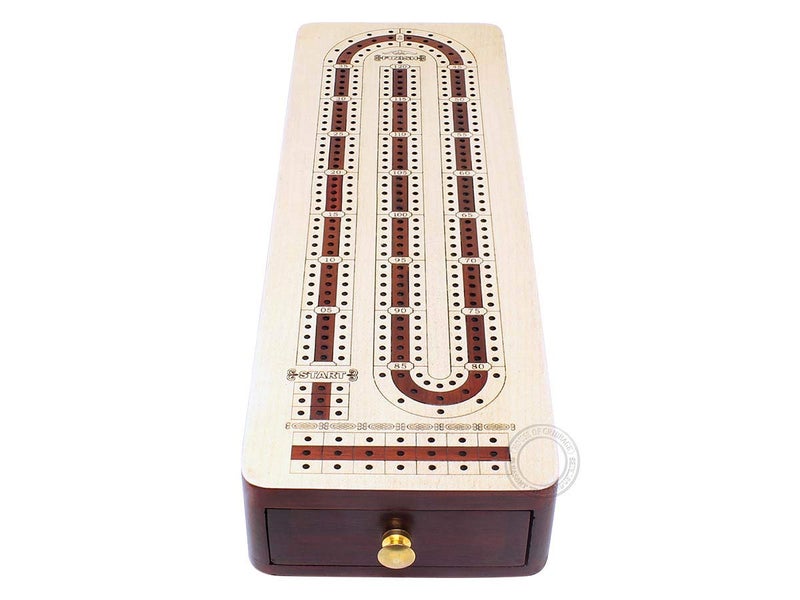 House of Cribbage Continuous Cribbage Board Alphabet e Shape Inlaid in Maple and Bloodwood with Storage Drawer for pegs and Cards - 3 Tracks - Image 5